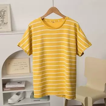 Modal Niche Loose Stripes Export round Neck Short Sleeve Yellow XS