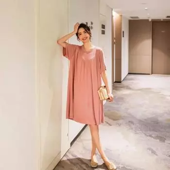 Модал ночная рубашка женская хлопковая одежда для лета свободная большого размера повседневная ночная рубашка с короткими рукавами плиссированное тонкое домашнее длинное платье L