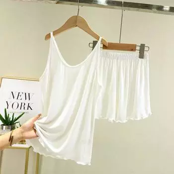 Модальные женские летние пижамы с V-образным вырезом, комплект из двух предметов, на бретелях White M (recommended 40.00 kg-50.00 kg