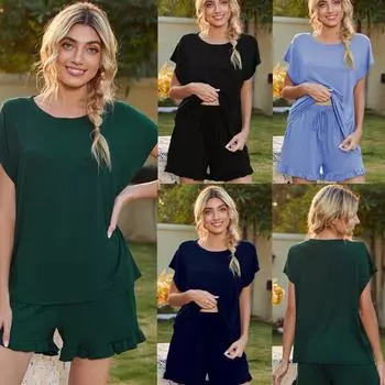 Модальный хлопок круглый вырез костюм для отдыха домашняя одежда с коротким рукавом волнистые шорты пижама L чёрный