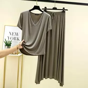 Модальный комплект из футболки с V-образным вырезом и короткими рукавами и юбки Женская летняя верхняя одежда Повседневный костюм-двойка Большой размер Свободная домашняя одежда Gray Green XL (Recommendation 125-140)