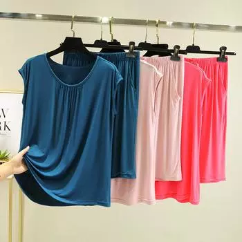 Модальный костюм с круглым вырезом без рукавов, рубашка с брюками, женский летний свободный женский пижамный комплект большого размера из двух предметов XXL