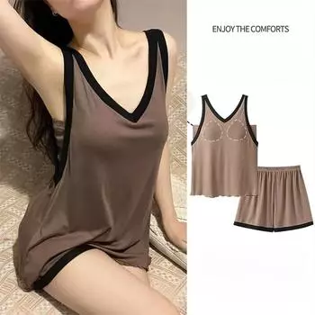 Модальный пижамный комплект для женщин со встроенным бюстгальтером и шортами, 2 предмета, летняя свободная удобная домашняя одежда, одежда для сна M