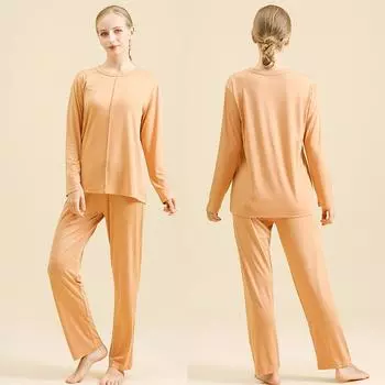 Модальный пижамный комплект, женская однотонная простая ночная рубашка, свободная, для отдыха, эластичная пижама, весенние новые брюки с длинными рукавами, домашняя одежда M синий