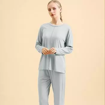 Модальный пижамный комплект, женская однотонная простая ночная рубашка, свободная, для отдыха, эластичная пижама, весенние новые брюки с длинными рукавами, домашняя одежда M синий