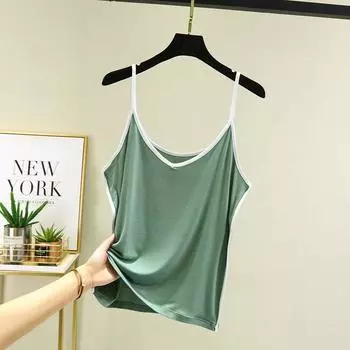 Модальный V-образный вырез Универсальный Маленький Слинг Женский Летний Свободный Внутренний Топ без рукавов Большого размера Однотонный Всегда в тренде Легче всего сочетать Тонкий Жилет Matcha green L (Recommendation 50.00 kg-60.00 kg