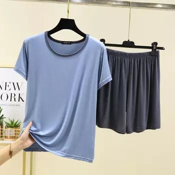 Modal Pajamas Suit Women s Summer Loose round Neck Bottoming Shirt Inner Wear Casual Short Sleeve T-Shirt Shorts Two-piece Set Light blue 2XL (70.00 kg-85.00 kg recommended