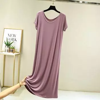 Modal round Neck Dress Women s Spring Summer Outerwear Short Sleeve Dress plus Size Nightdress Mid Length Long Length Slimming Base Skirt Lite: Taro color M (recommended 40.00 kg-57.50 kg