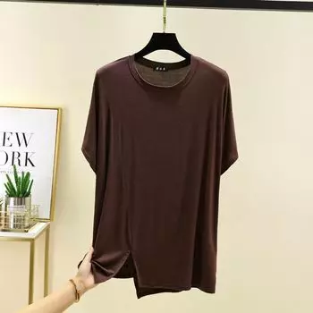 Modal round Neck Loose Irregular T-shirt Women s Summer Fashion All-Matching Tops Casual Plus Size Pure Color Bottoming Shirt Coffee Free size (recommendation 45.00 kg-75.00 kg