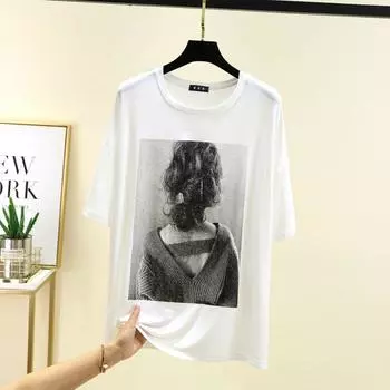 Modal round Neck Print Loose Short Sleeve T-shirt Female Summer Casual Thin Tops Fashion Plus Size Casual Bottoming Shirt White Free size (recommendation 45.00 kg-80.00 kg