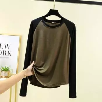 Modal round Neck Raglan Tops Early Spring New Arrival Fashion Bottoming Shirt Women s Plus Size Loose Casual All-Match T-shirt Black and Brown 2XL (72.50 kg-80.00 kg recommended