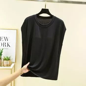 Modal round Neck Sleeveless Chest Pad T-shirt for Women Summer Thin Casual Outer Wear Tops Pure Color Wear-Free Bra Base Black L (Recommendation 40.00 kg-60.00 kg