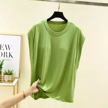 Modal round Neck Sleeveless T-shirt Women Summer Casual All-matching Loose Top Casual Plus size Solid Bottoming Shirt Fruit Green XL (60.00 kg-75.00 kg recommended