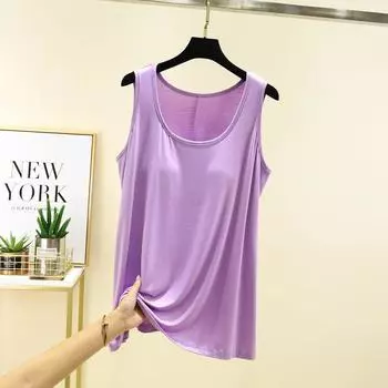 Modal round Neck Wear-Free Bra Vest Women s Summer Thin and All-Matching Sleeveless Bottoming Shirt Pure Color Ribbon Chest Pad Tops Purple 2XL (75.00 kg-90.00 kg recommended