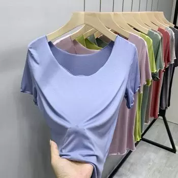 Modal Short sleeve Bottoming Shirt Women Summer Thin Outer Wear Flying Half Sleeve Top Casual Solid All-Match T-shirt Light Blue 2XL (70.00 kg-85.00 kg recommended