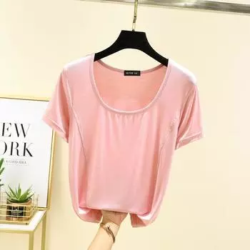 Modal Short sleeve T-shirt Women Summer Loose Slim fit Square Collar Bottoming Shirt Western Style Inner wear Slimming Shoulder Short Top Pink 2XL (70.00 kg-85.00 kg recommended