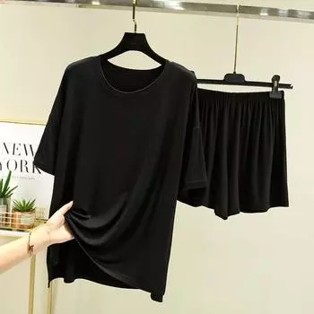 Modal Short-Sleeved Shorts Suit Women s Summer Loose Plus Size T-Shirt Casual Bottoming Home Pajamas Pajama Pants Two-piece Set Black 2XL (recommended 70.00 kg-80.00 kg