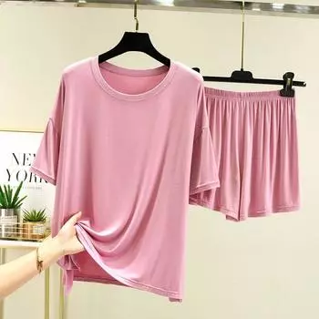 Modal Short-Sleeved T-Shirt Two-piece Set Women s Summer Thin Loose-Fitting Loungewear Pajamas Versatile Bottoming Top Shorts Suit Leather pink 2XL (70.00 kg-80.00 kg recommended