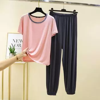 Modal Short-Sleeved T-shirt Women s Summer Outwear Sports Suit High Waist Plus Size Casual Jogger Pants Pajamas Pajamas Light pink XL (60.00 kg-70.00 kg recommended