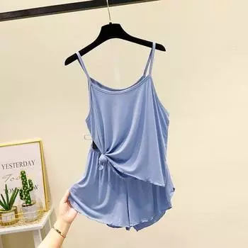 Modal Sling Pajamas Suit Women s Summer Loose Sleeveless Bottoming Top Thin plus Size Vest Shorts Two-piece Set Light blue L (Recommendation 50.00 kg-60.00 kg