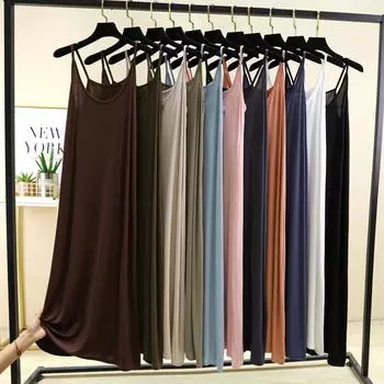 Modal Spaghetti Strap Dress Summer Sexy Sleeveless Tank Dress Solid Color Casual Camisole Dresses Long Soft Sleepdress Basic Slipdress M белый