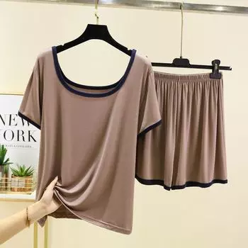 Modal Square Neck T-shirt Suit Women s Summer Thin Short-Sleeved Pajamas Casual Plus Size Loose-Fitting Loungewear Air Conditioning Suit Khaki XL (65.00 kg-75.00 kg recommended