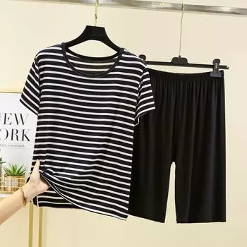 Modal Stripes Thin Loose Short Sleeve Casual Pajamas Black XL (recommended 60.00 kg-70.00 kg