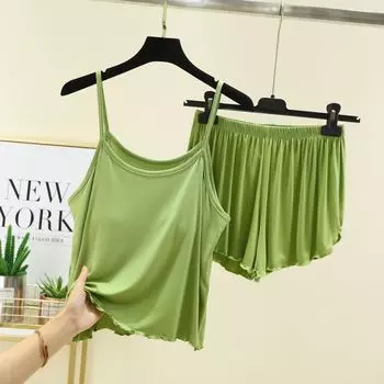 Modal Suspender Shorts Pajamas with Chest Pad Suit Women s Summer Thin Loose Vest Sleeveless Homewear Two Pieces Avocado Green M (recommended 40.00 kg-50.00 kg