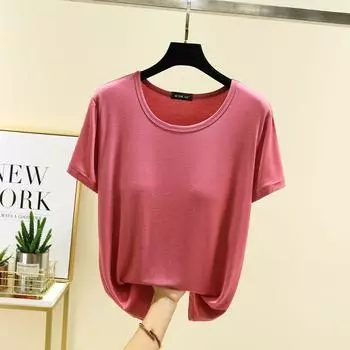 Modal Thin and All-Matching Figure Flattering round-Neck Short Sleeve T-shirt Leather Red L (Recommendation 50.00 kg-60.00 kg