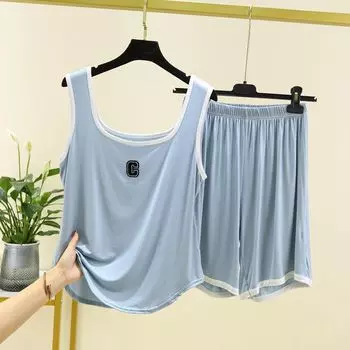 Modal Thin Pajamas Suit Women s Summer Plus Size Loose Square Collar Vest Shorts Loose Inner Wear Sleeveless Tops Light Blue 2XL (75.00 kg-85.00 kg recommended