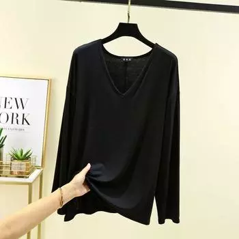 Modal V-neck Long sleeve Sun Protection Shirt Women Summer Thin Loose Casual T-shirt Solid Inner wear Bottoming Shirt Top Black L (Recommendation 55.00 kg-65.00 kg