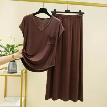 Modal V Neck Pocket Top Women s Skirt Suit Plus Size Loose Easiest for Match T-shirt Casual Suitable for Daily Wear Two-piece Set Dark brown XL (65.00 kg-75.00 kg recommended