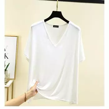 Modal V Neck Short Sleeve Tops Women s Summer Thin Cool Bottoming Shirt Plus Size Loose Chubby Girl Easiest for Match Cotton T-shirt White Free size (recommended 45.00 kg-75.00 kg