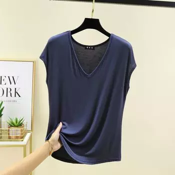 Modal V Neck Sleeveless Bottoming Shirt Women s Summer Thin Casual Inner Wear Blouse Plus Size Loose Slim Looking Pure Color T-shirt Cowboy Blue XL (57.50 kg-67.50 kg recommended