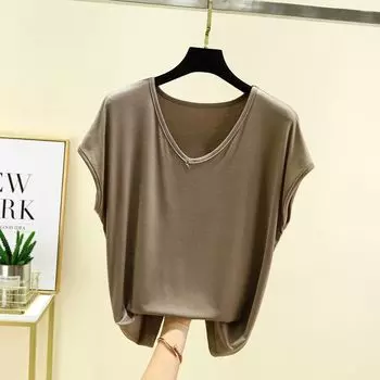 Modal V-neck Sleeveless T-shirt Women Summer Thin Solid Base Shirt Plus size Loose Casual All-matching Loose Top Dark Khaki 2XL (recommended 70.00 kg-80.00 kg