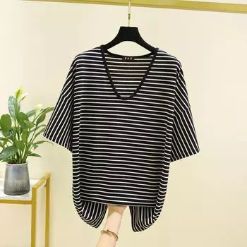 Modal V Neck Stripes T-shirt Female Summer Casual Versatile Short Sleeve Tops Plus Size Loose Slim Looking Thin Bottoming Shirt Black Stripes L (Recommendation 40.00 kg-55.00 kg
