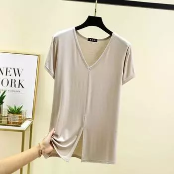 Modal V Neck T-shirt Women s Summer Thin and All-Matching Short Sleeve Front Slit Tops Plus Size Loose Casual Bottoming Shirt Beige L (Recommendation 52.50 kg-62.50 kg