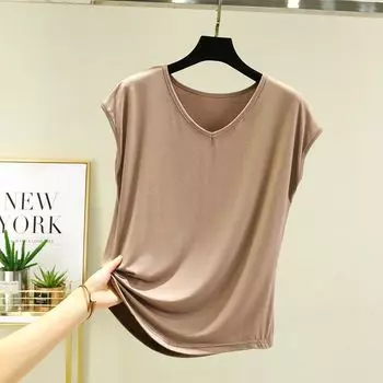Modal V-neck Women s Summer Thin Casual Sleeveless T-shirt Khaki M (recommended 40.00 kg-50.00 kg
