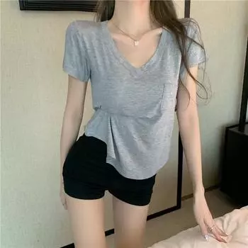 Модал V-образный вырез с короткими рукавами женская футболка новая летняя футболка корейский стиль свободный утягивающий нерегулярный топ S