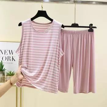 Modal Vest Sling Women s Summer Ice Silk Thin Loungewear Pajama Shorts Loose Plus Size Sleeveless Pajamas Two-piece Set Pink XL (60.00 kg-70.00 kg recommended