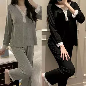 Модал Женская мягкая пижама осенняя сексуальная кружевная V-образная горловина с длинным рукавом брюки комплект свободная повседневная принцесса стиль домашняя одежда женская пижама M серый