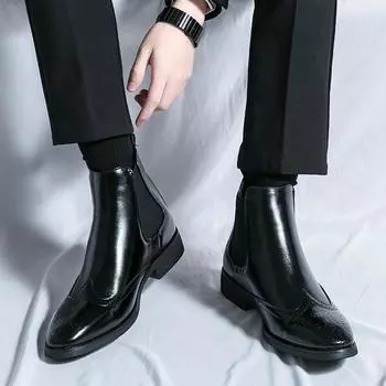 МодаМодные кожаные ботильоны на низком каблуке для мужчин, повседневные ботинки челси на платформе, мужские ботинки, свадебная обувь, зимние ботинки 38 чёрный
