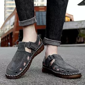 МодаНатуральная кожа мужские сандалии Большие размеры Летняя обувь Уличные повседневные сандалии из коровьей кожи Пляжная обувь Два вида использования Мужские сандалии Тапочки 38 коричневый