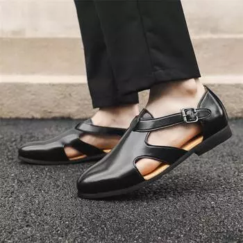 МодаНатуральная кожа Сандалии Итальянский стиль Гладиаторы Модные пряжки Деловые сандалии для платья Ручной работы Кожаные туфли мужские сандалии Размер 46 38 чёрный