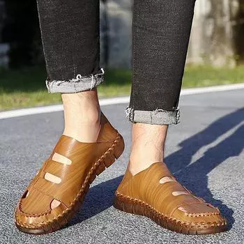 МодаНовое поступление кожаные мужские открытые пляжные туфли удобные прогулочные высококачественные летние сандалии ручной работы мужские сандалии без застежек 38 чёрный