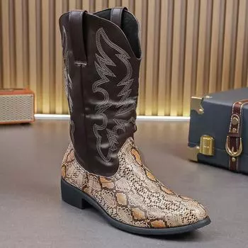 МодаРетро Стиль Ковбойские сапоги Панк Стиль Мужские сапоги до середины голени Вестерн Сапоги для отдыха Прогулочные сапоги из искусственной кожи Мужские туфли без застежек Высокие туфли 38 коричневый