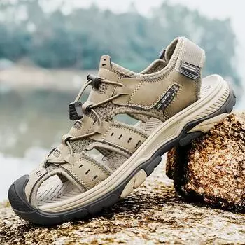 МодаВинтажный стиль Мужская летняя обувь из натуральной кожи Мужские сандалии для отдыха на природе Мужская пляжная обувь Антиколлизионные мужские сандалии Roma Flats 38 чёрный