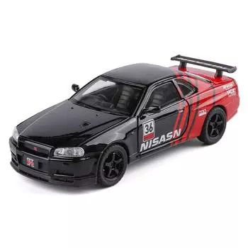 Модель автомобиля GTR Skyline Alloy в масштабе 1/32 со светодиодными огнями и звуковыми эффектами, идеальная игрушка для детей, коллекционная гоночная машина красный/чёрный