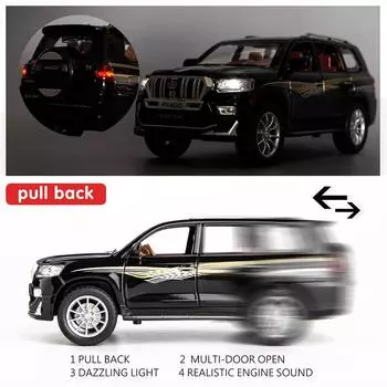 Модель автомобиля Toyota Prado в масштабе 1/24, игрушечная машинка из цинкового сплава с инерционным механизмом, со звуком и светом для детей, подарок для мальчиков и девочек 1/24-21x9.5x8.5cm чёрный