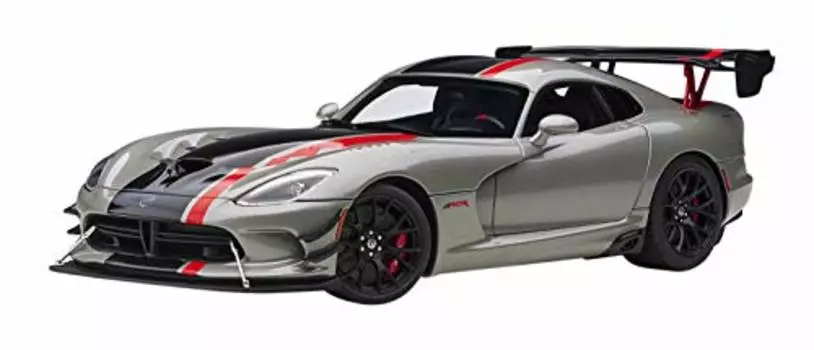 Модель автомобиля Viper ACR 2017 года, серебристый металлик с черными и красными полосами, масштаб 1/18, от Autoart 71733